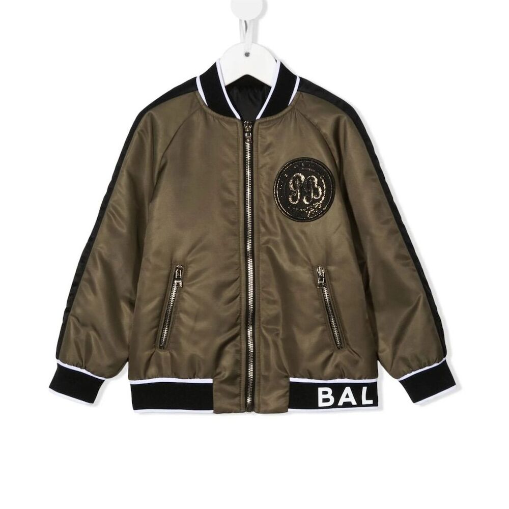 Balmain Kids Green Bomber Jacket Size 10 with Logo Patch Casual